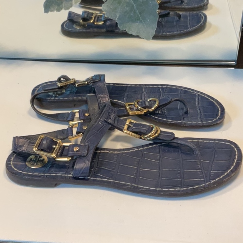Tory Burch Blue and Gold Sandals with Textured Leather - Picture 5 of 6